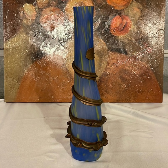 Handmade Blown Glass Vase Engraved with Metal Blue Green Vintage - Picture 4 of 6